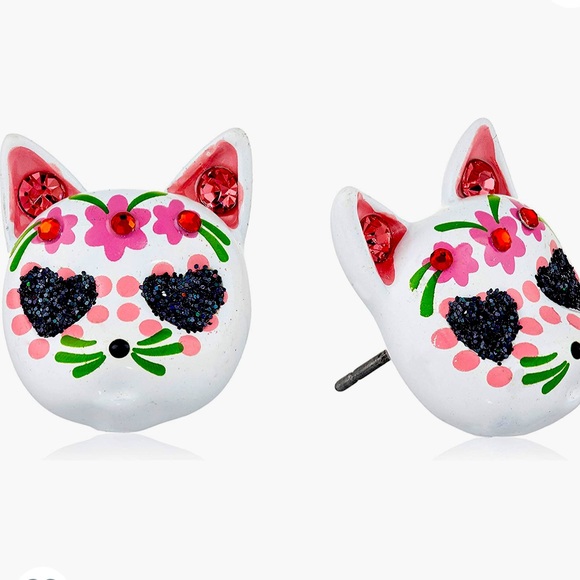 New Betsey Johnson Sugar Skull Cat Stud Earrings - Picture 10 of 12
